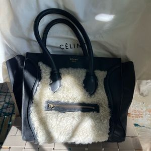 CELINE mini luggage tote bag in leather/shearling